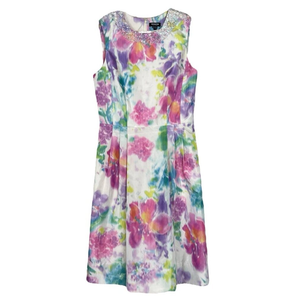 Worth New York Beaded Floral Watercolor Cocktail Dress White Pink Purple Size 4